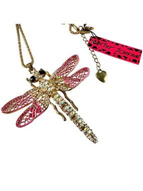 Betsy Johnson Pink Crystal Dragonfly Pendant Necklace Gold Chain